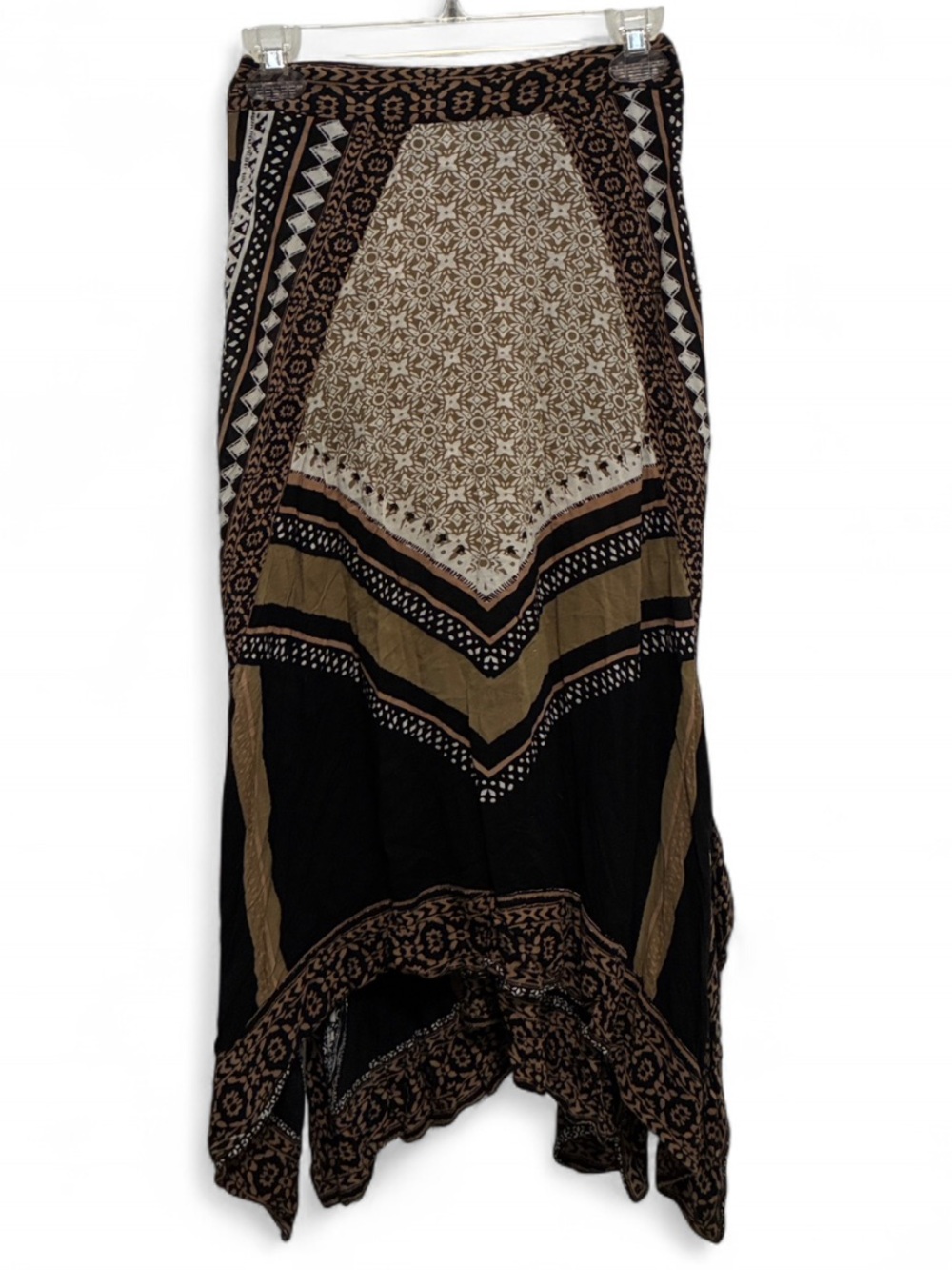 Free People Tan Black Boho Print Handkerchief Hems Midi Skirt